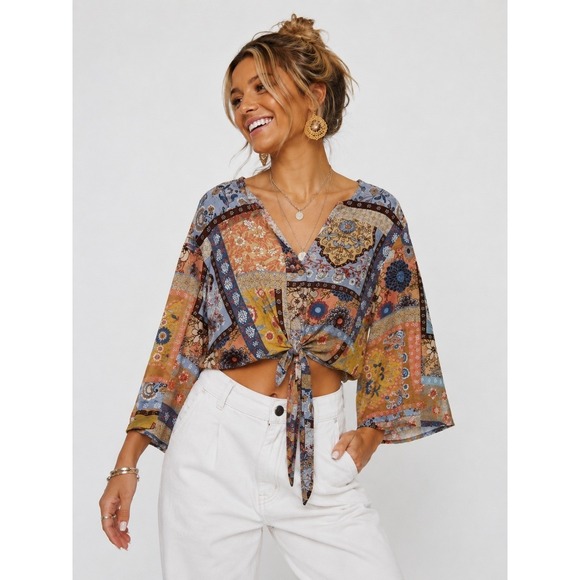 Calypso St. Barth Tops - Calypso St Barth Boho Patchwork Tie Front Crop Top Bell Sleeve M NWOT New